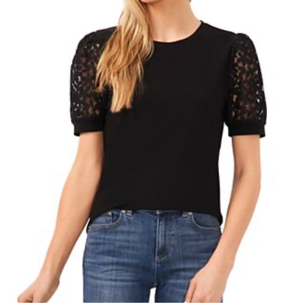 Cable & Gauge Black Top with Lace Puff Sleeves Sz M